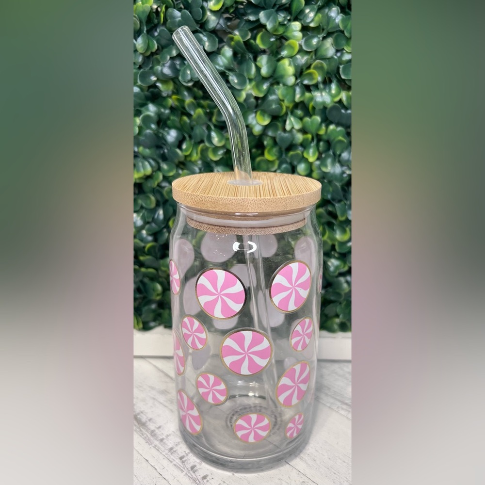 Peppermint & Pine Pink Peppermint Candy Christmas Glass Coffee Tumbler
